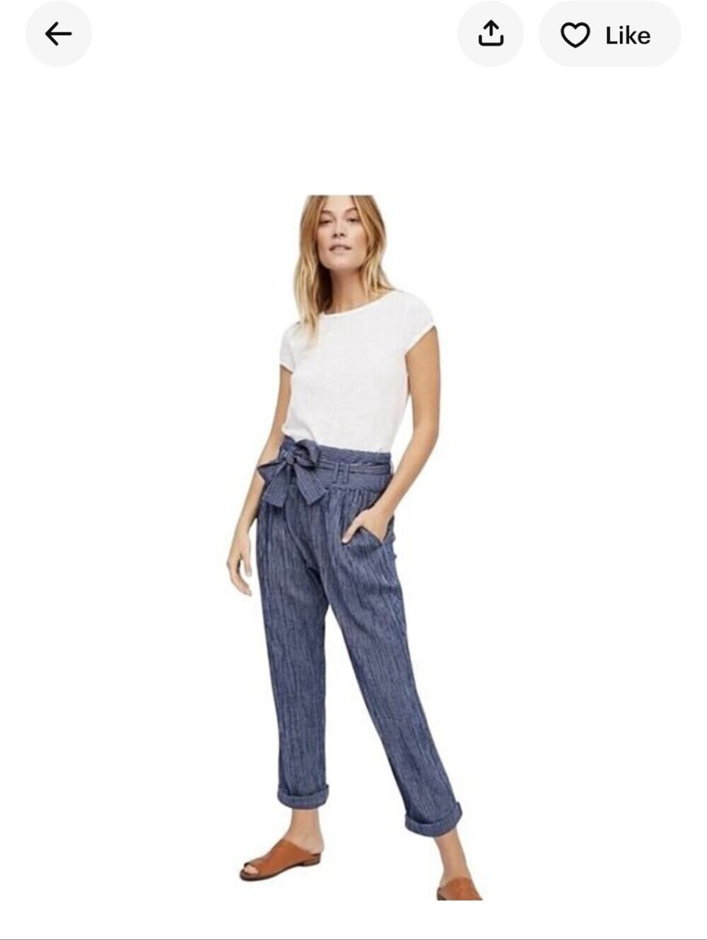 Free People Harem Pants SZ 6 Cotton Yarn Dye Navy Striped Tie Button Pleated